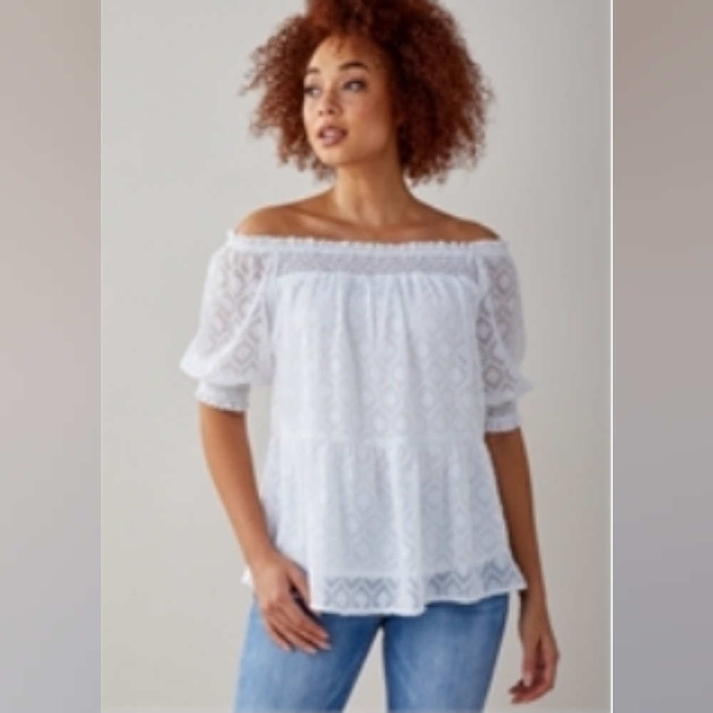 Charlie‎ Paige Peasant Smocked Blouse Large Romantic Angelcore Coastal Bohemian